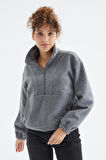 Gri Melanj Yarım Fermuar Etek Ucu Büzgülü Kadın Polar Oversize Sweatshirt - 97171 | L