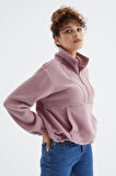Gül Kurusu Yarım Fermuar Etek Ucu Büzgülü Kadın Polar Oversize Sweatshirt - 97171 | XL