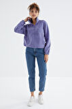 Açık Eflatun Yarım Fermuar Etek Ucu Büzgülü Kadın Polar Oversize Sweatshirt - 97171 | L