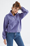 Açık Eflatun Yarım Fermuar Etek Ucu Büzgülü Kadın Polar Oversize Sweatshirt - 97171 | L