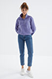 Açık Eflatun Yarım Fermuar Etek Ucu Büzgülü Kadın Polar Oversize Sweatshirt - 97171 | L
