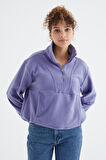 Açık Eflatun Yarım Fermuar Etek Ucu Büzgülü Kadın Polar Oversize Sweatshirt - 97171 | L
