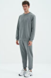 Gri Melanj O Yaka Rahat Kalıp Şardonlu Basic Jogger Erkek Eşofman Takım - 85190 | M