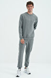 Gri Melanj O Yaka Rahat Kalıp Şardonlu Basic Jogger Erkek Eşofman Takım - 85190 | M