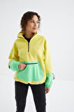 Limon Etek Ucu Büzgülü Yarım Fermuar Kanguru Cepli Oversize Kadın Sweatshirt - 97238 | XL