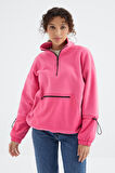 Şeker Pembe Etek Ucu Büzgülü Yarım Fermuarlı Oversize Kadın Polar Sweatshirt - 97238 | L