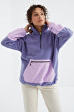 Açık Eflatun Etek Ucu Büzgülü Yarım Fermuarlı Oversize Kadın Polar Sweatshirt - 97238 | XL