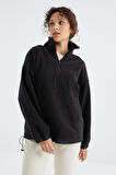 Siyah Yarım Fermuar Etek Ucu Büzgülü Dik Yaka  Oversize Kadın Polar Sweatshirt - 97236 | M