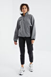 Gri Melanj Yarım Fermuar Etek Ucu Büzgülü Dik Yaka  Oversize Kadın Polar Sweatshirt - 97236 | M