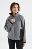 Gri Melanj Yarım Fermuar Etek Ucu Büzgülü Dik Yaka  Oversize Kadın Polar Sweatshirt - 97236 | M