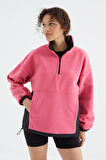 Şeker Pembe Yarım Fermuar Etek Ucu Büzgülü Dik Yaka  Oversize Kadın Polar Sweatshirt - 97236 | XL