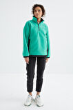 Deniz Yeşili Yarım Fermuar Etek Ucu Büzgülü Dik Yaka  Oversize Kadın Polar Sweatshirt - 97236 | L