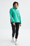 Deniz Yeşili Yarım Fermuar Etek Ucu Büzgülü Dik Yaka  Oversize Kadın Polar Sweatshirt - 97236 | L
