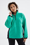 Deniz Yeşili Yarım Fermuar Etek Ucu Büzgülü Dik Yaka  Oversize Kadın Polar Sweatshirt - 97236 | S