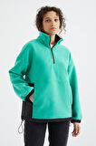 Deniz Yeşili Yarım Fermuar Etek Ucu Büzgülü Dik Yaka  Oversize Kadın Polar Sweatshirt - 97236 | S