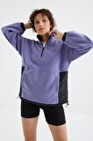 Açık Eflatun Yarım Fermuar Etek Ucu Büzgülü Dik Yaka  Oversize Kadın Polar Sweatshirt - 97236 | L