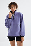Açık Eflatun Yarım Fermuar Etek Ucu Büzgülü Dik Yaka  Oversize Kadın Polar Sweatshirt - 97236 | L