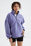 Açık Eflatun Yarım Fermuar Etek Ucu Büzgülü Dik Yaka  Oversize Kadın Polar Sweatshirt - 97236 | M