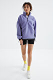 Açık Eflatun Yarım Fermuar Etek Ucu Büzgülü Dik Yaka  Oversize Kadın Polar Sweatshirt - 97236 | M