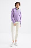 Açık Eflatun Yarım Fermuar Etek Ucu Büzgülü Dik Yaka Oversize Kadın Polar Sweatshirt - 97234 | L