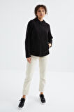 Siyah Kapüşonlu Fermuarlı Rahat Form Kadın Polar Sweatshirt - 97233 | M