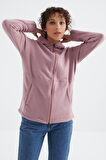 Gül Kurusu Kapüşonlu Fermuarlı Rahat Form Kadın Polar Sweatshirt - 97233 | L