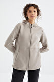 Koyu Bej Kapüşonlu Fermuarlı Rahat Form Kadın Polar Sweatshirt - 97233 | L