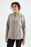 Koyu Bej Kapüşonlu Fermuarlı Rahat Form Kadın Polar Sweatshirt - 97233 | L