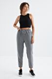 Gri Melanj Cepli Bağcıklı Jogger Rahat Form Polar Kadın Eşofman Alt - 94622 | XL