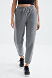 Gri Melanj Cepli Bağcıklı Jogger Rahat Form Polar Kadın Eşofman Alt - 94622 | XL