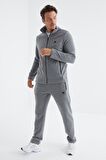 Gri Melanj Dik Yaka Basic Erkek Polar Eşofman Takımı - 85193 | M