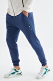Ekru - İndigo Dik Yaka  Renk Geçişli Standart Kalıp Erkek Eşofman Takımı  - 85186 | XL