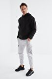 Siyah Yazı Nakışlı Kanguru Cepli Kapüşonlu Standart Kalıp Erkek Polar Sweatshirt - 88156 | XXL