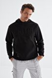Siyah Yazı Nakışlı Kanguru Cepli Kapüşonlu Standart Kalıp Erkek Polar Sweatshirt - 88156 | XXL