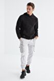Siyah Yazı Nakışlı Kanguru Cepli Kapüşonlu Standart Kalıp Erkek Polar Sweatshirt - 88156 | XXL