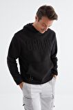Siyah Yazı Nakışlı Kanguru Cepli Kapüşonlu Standart Kalıp Erkek Polar Sweatshirt - 88156 | XXL