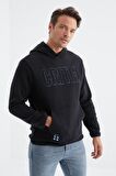 Lacivert Yazı Nakışlı Kanguru Cepli Kapüşonlu Standart Kalıp Erkek Polar Sweatshirt - 88156 | XXL