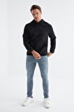 Lacivert Yazı Nakışlı Kanguru Cepli Kapüşonlu Standart Kalıp Erkek Polar Sweatshirt - 88156 | XXL