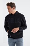 Lacivert Yazı Nakışlı Kanguru Cepli Kapüşonlu Standart Kalıp Erkek Polar Sweatshirt - 88156 | XXL