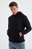 Lacivert Yazı Nakışlı Kanguru Cepli Kapüşonlu Standart Kalıp Erkek Polar Sweatshirt - 88156 | XXL
