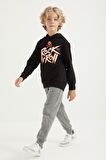 Siyah Baskı Detaylı Standart Kalıp Kapüşonlu Erkek Çocuk Sweatshirt - 11002 | 7-8