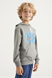Gri Melanj Yazı Baskılı Kanguru Cepli Kapüşonlu Standart Kalıp Erkek Çocuk Sweatshirt - 11002 | 9-10 Yaş