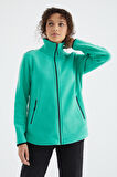Deniz Yeşili Dik Yaka Fermuarlı Rahat Form Kadın Polar Sweatshirt - 97173 | XL