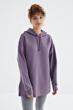 Eflatun Reglan Kol Renk Detaylı Basıc Kapüşonlu Oversize Tunik - 97242 | XL