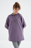 Eflatun Reglan Kol Renk Detaylı Basıc Kapüşonlu Oversize Tunik - 97242 | XL