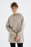 Koyu Bej Reglan Kol Renk Detaylı Basıc Kapüşonlu Oversize Tunik - 97242 | S