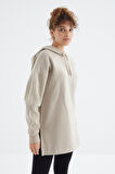 Koyu Bej Reglan Kol Renk Detaylı Basıc Kapüşonlu Oversize Tunik - 97242 | S
