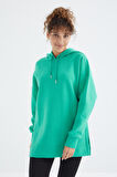 Deniz Yeşili Reglan Kol Basic Kapüşonlu Oversize Tunik - 97242 | XL