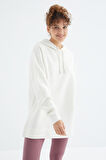 Ekru Reglan Kol Renk Detaylı Basıc Kapüşonlu Oversize Tunik - 97242 | M