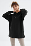 Siyah Reglan Kol Basic Kapüşonlu Oversize Tunik - 97242 | XL
